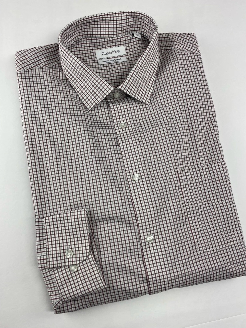 Calvin Klein Men's Burgundy and White Checked Dress Shirt 17/17.5 36-37